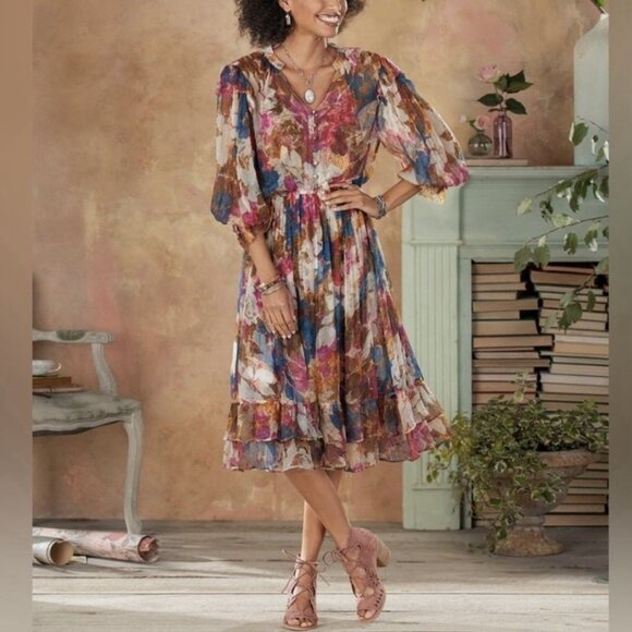 Sundance Dresses & Skirts - Sundance Sz MP Trieste Romance Floral Chiffon Ruffled Midi Dress Boho Flowy